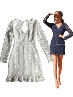 Two Sisters The Label Emery Dress White Lace Open Back Long Sleeve V Neck XS